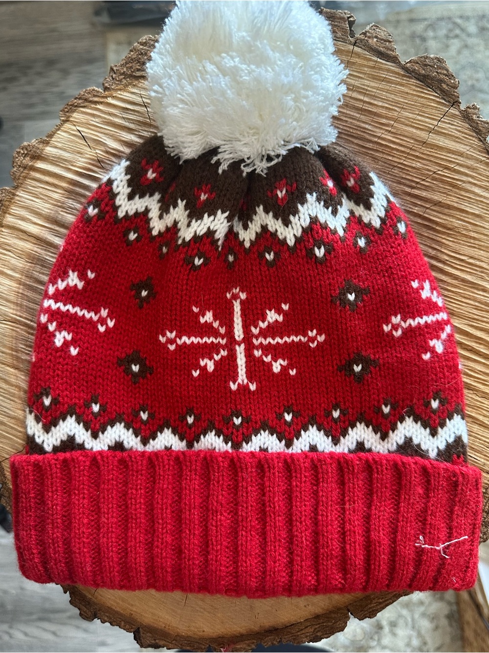 Red Fair Isle Knit Pom Beanie with White Pom